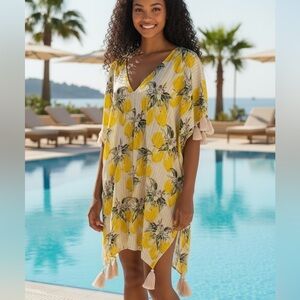 Gianni Bini | Lemon Print Tunic Swim Cover w/Tassel Trim -Coastal -Vacation- NWT